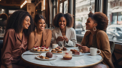A joyful group of stylishly dressed black women black women smiling and enjoying coffee and desserts around a table at a high end French patisserie in New York - Powered by Adobe