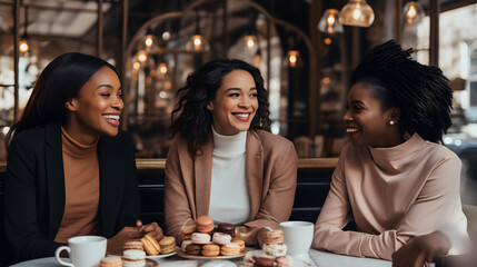 A group of stylishly dressed black women in a restaurant with delicious food and drinks, smiling and talking