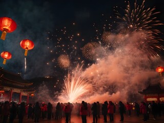 Fire cracker at temple  celebrating for Chinese New Year.