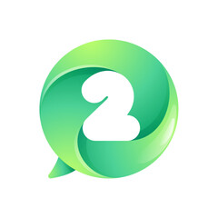 2 logo. Number two inside speech bubble with swirl pattern. Negative space style icon. Colorful gradient emblem for social media app, call center, online message, feedback icon, telemarketing screen
