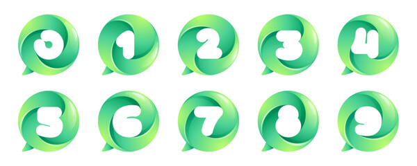 0 to 9 logo. Numbers set inside speech bubble with swirl pattern. Negative space style icon. Colorful gradient emblem for social media app, call center, online message, feedback icon, marketing screen