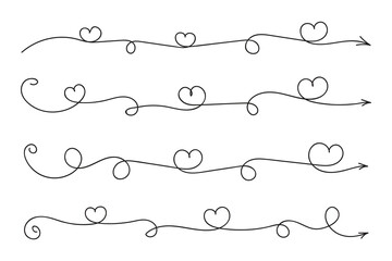
Hand drawn Thin continuous line lovely hearts style curved arrow vector, one line left right direction love sign with pen arrows, Minimalistic Outline single line way decorations decorative element