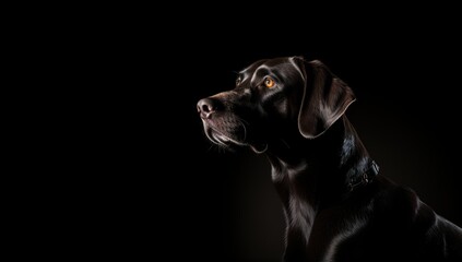 Witness the striking contrast of light and shadow as a majestic black Labrador takes center stage against a dramatic black backdrop. - obrazy, fototapety, plakaty