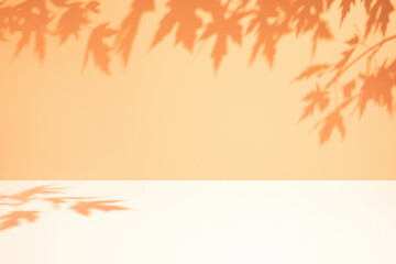Abstract minimal empty orange white 3d room background. Modern Studio showcase. Mock up scene with natural plants, maple tree leaves shadows, dappled light overlay effect. Front view, copy space