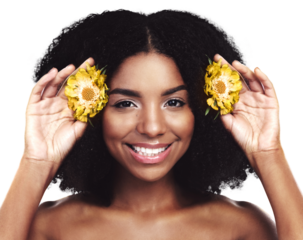 Portrait, happy woman and hair care with beauty or yellow flowers isolated on png transparent background. African model, skincare and daisy plants in afro for cosmetics, floral aesthetic and smile