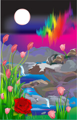 composition with landscape, roses and northern lights