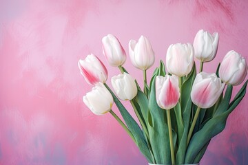 pink and white tulips of the on the pink background