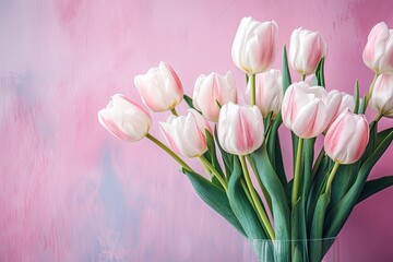 Fototapeta premium pink and white tulips of the on the pink background