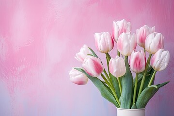 pink and white tulips of the on the pink background