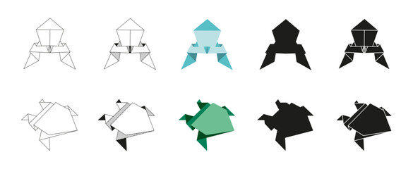 Origami frog Folded Paper Shapes. Flat Illustration Set. line, graphic, color and Black silhouette icon
