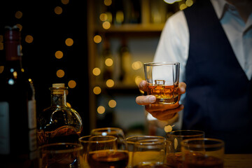 Bartender Serve Whiskey, on wood bar, 