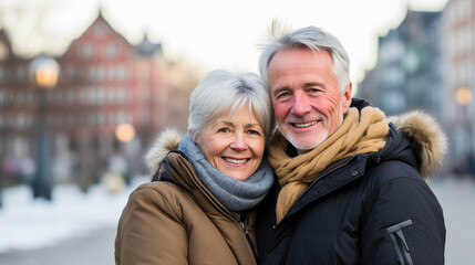 Portrait of a senior couple smiling while standing in front of the europian city in wintertime