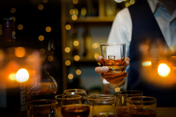 Bartender Serve Whiskey, on wood bar, 