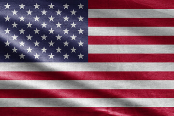 USA flag, close-up. Studio shot. Beautifully waving star and striped American flag. United States, USA Flag on Fabric texture. Complete national flag of us covers whole frame.