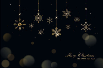 christmas background with golden hanging snowflakes - obrazy, fototapety, plakaty