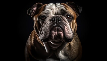 Experience the captivating contrast of light and shadow as a charismatic Bulldog takes center stage against a sleek black backdrop.