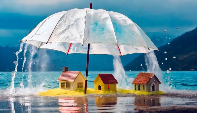 Hochwasser, H&auml;user, Dorf, Regenschirm, neu, konzept, Hintergrund, regen, 