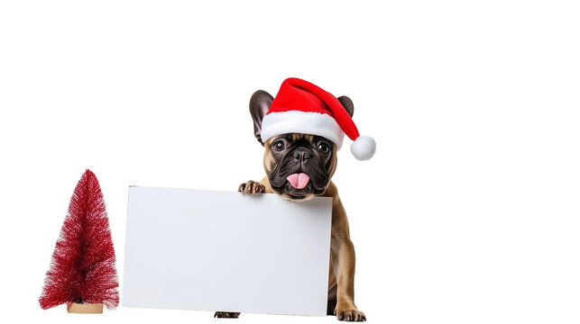 Cute French Bulldog Dog With Santa Claus Hat Holding With Paws Text Sign On Transparent Background