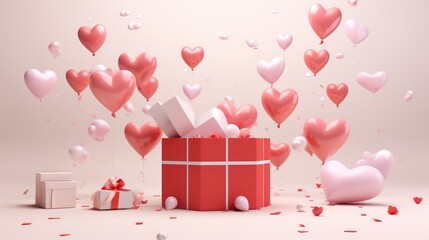 Gift box opening with pink and red hearts flying,a Valentine's Day delight. - obrazy, fototapety, plakaty