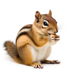 Cute chipmunk eating nut, isolated on white background