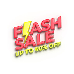 flash sale up to 50 percent off, banner tag marketing 3d style