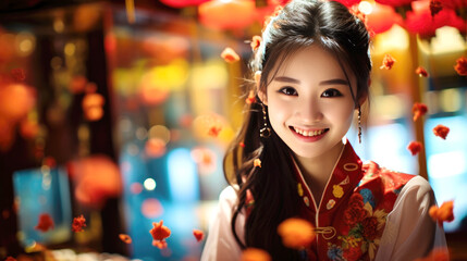 Smiling Chinese girl with red Chinese new year traditional clothing, lunar spring festival