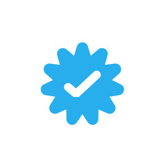 Approved Icon. White Check Mark with Blue Circle Shape Sparkle Star Sticker Label 