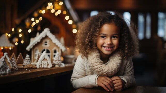 Little black girl smiling next to a gingerbread house