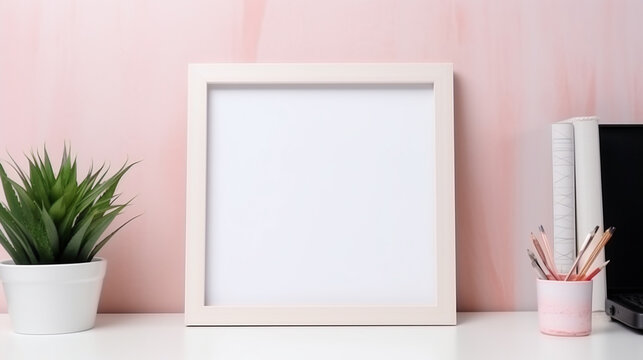 Empty photo frame at workplace Workspace, poster frame and office supplies workplace. generative ai
