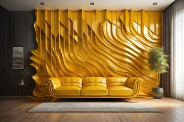 Abstract yellow wavy melted paneling wall and leather sofa. Interior design of modern living room