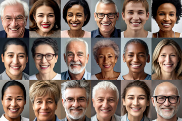 Group of happy carefree smiling people, multiracial and different ages composite portrait image of diversity society - Powered by Adobe