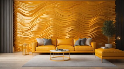 Abstract yellow wavy melted paneling wall and leather sofa. Interior design of modern living room