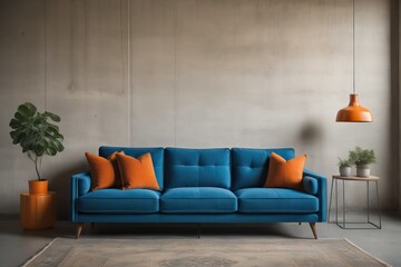 Fototapeta na wymiar Blue sofa with orange pillows against grunge aged concrete wal
