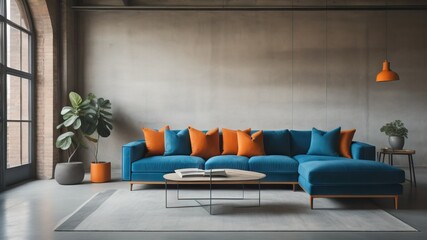 Blue sofa with orange pillows against grunge aged concrete wal