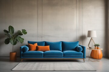 Blue sofa with orange pillows against grunge aged concrete wal