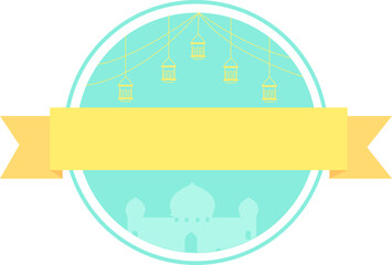 Eid al-Adha illustration with mosque, lantern, and ribbon decoration that can be used for greeting cards or social media decoration