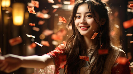 Fototapeta premium smiling Chinese girl with Chinese new year traditional clothing, lunar spring festival