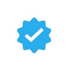 Approved Icon. White Check Mark with Blue Circle Shape Sparkle Star Sticker Label 