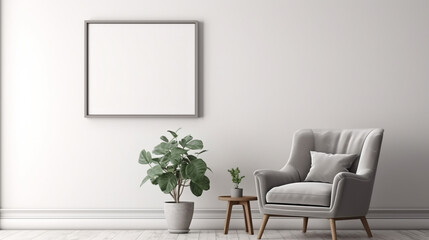 Grey wooden armchair next to table in minimal living room interior with poster white. generative ai