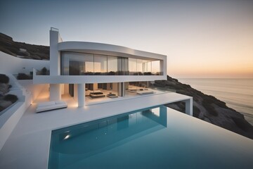 Fototapeta premium Exterior of modern luxury minimalist white villa with swimming pool on a cliff by the sea water at sunset