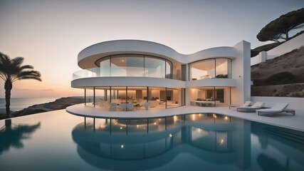 Fototapeta premium Exterior of modern luxury minimalist white villa with swimming pool on a cliff by the sea water at sunset