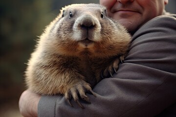 A marmot sits on a man's arms. Groundhog day concept