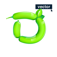 D letter logo made of twisted balloons. Eco-friendly realistic 3D render with green leaves. Vector elements in cartoon style. Perfect for nature banner, healthy food labels, garden art, and grass adv.