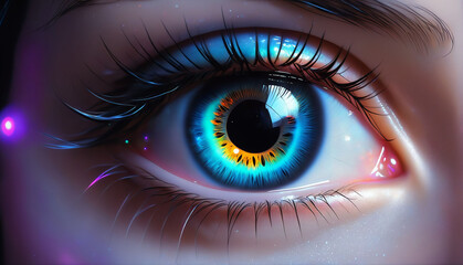 Fototapeta na wymiar カラフルな光に包まれた女性の目のアップ.generative AI