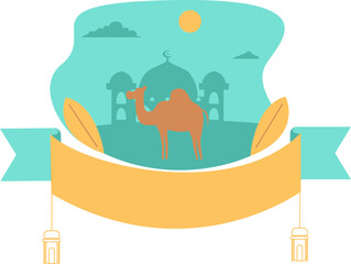 Eid al-Adha illustration with ribbon, mosque, camel decoration that can be used for greeting cards or social media decoration