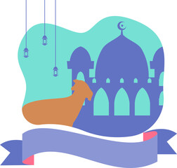 Eid al-Adha illustration with ribbon, mosque, goat decoration that can be used for greeting cards or social media decoration