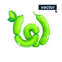 W letter logo made of twisted balloons. Eco-friendly realistic 3D render with green leaves. Vector elements in cartoon style. Perfect for nature banner, healthy food labels, garden art, and grass adv.
