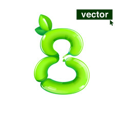 8 logo. Number eight made of twisted balloons. Eco-friendly realistic 3D render with green leaves. Vector elements in cartoon style. Perfect for nature banner, healthy food labels, garden, and grass.
