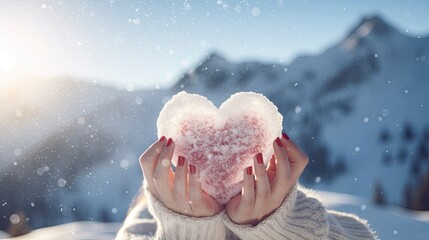 A woman holds a heart shape of snow up against the mountains.