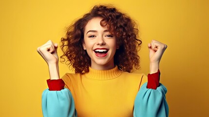 Exuberant Young Woman with Arms Outstretched on Yellow Background.